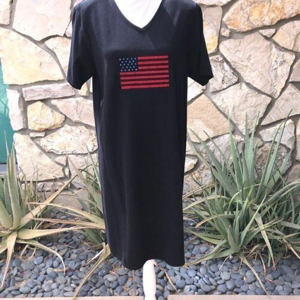 Richard T-Shirt Dress Large L Womens Vintage Black Embellished Flag Cotton NWT - Picture 9 of 11